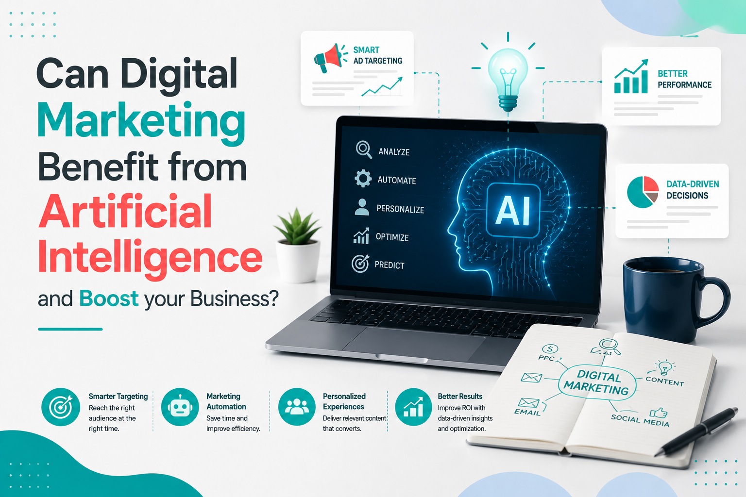 Modern digital marketing and artificial intelligence illustration showing a laptop with AI interface, data analytics, automation icons, and marketing elements like targeting, performance, and data-driven decisions on a minimal background.