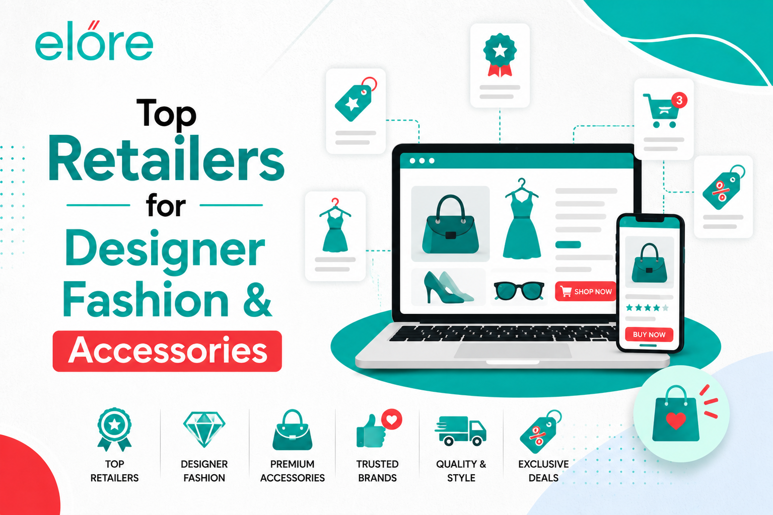 Modern infographic-style banner showcasing top retailers for designer fashion and accessories, featuring stylish clothing, handbags, shoes, and shopping elements with a clean teal and red color scheme in a minimal e-commerce layout.