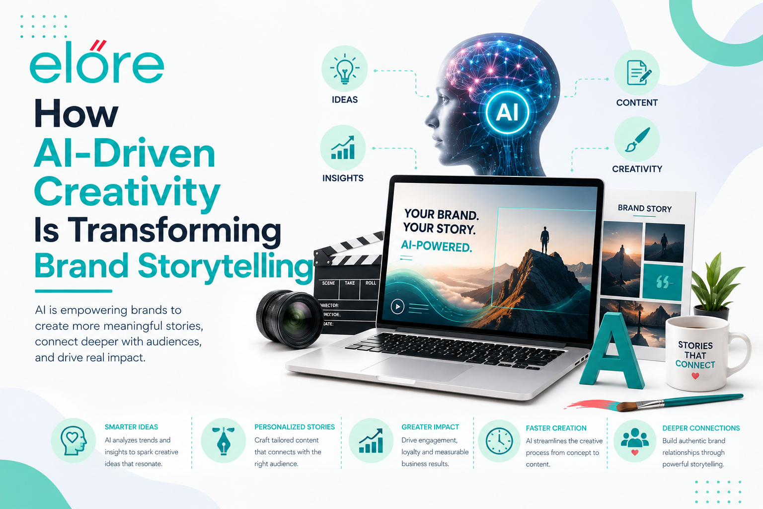 A modern AI infographic featuring the elöre logo, AI-powered creativity, brand storytelling, and visuals highlighting smarter ideas, personalized stories, greater impact, faster creation, and deeper connections.