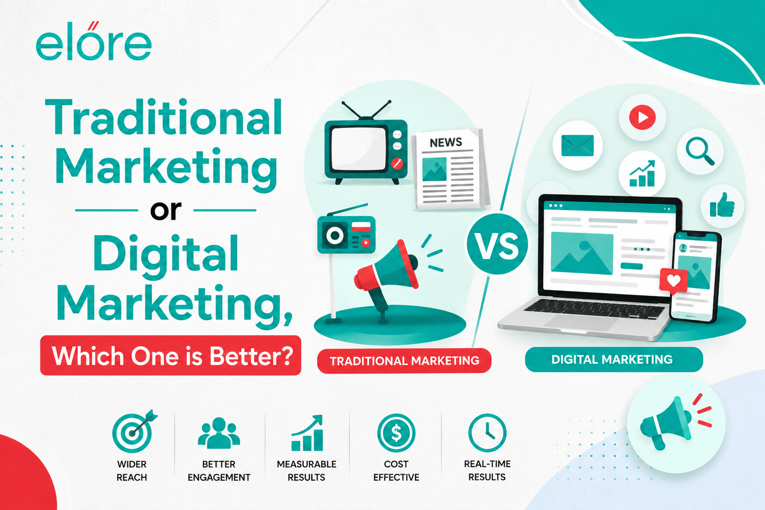 Comparison illustration of traditional marketing and digital marketing, featuring icons like TV, newspaper and radio on one side, and laptop, mobile, analytics and social media symbols on the other, highlighting differences in reach, engagement and performance.